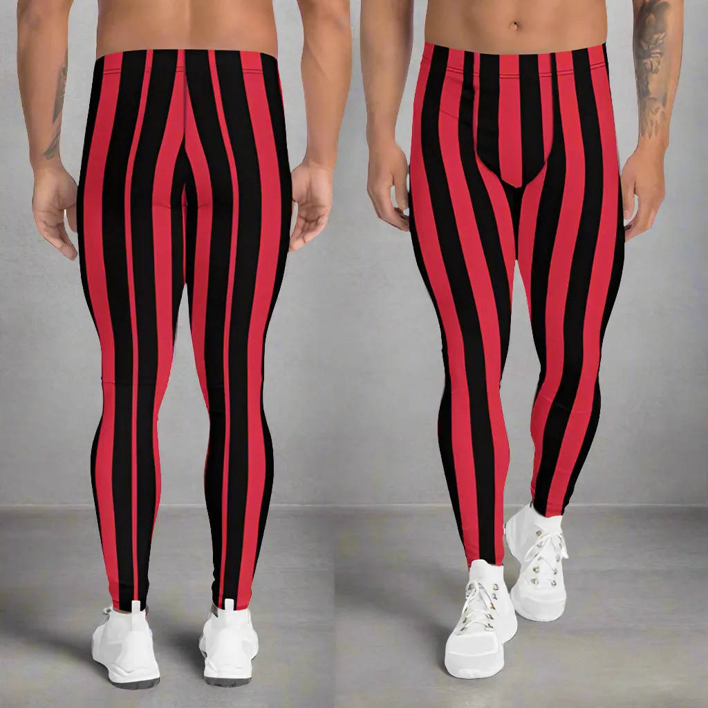 Red Black Striped Men's Leggings, Red and Black Vertical Striped Circus Fashion Men Tights-Made in USA/EU