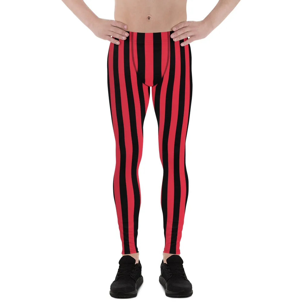 Red Black Striped Men's Leggings, Red and Black Vertical Striped Circus Fashion Men Tights-Made in USA/EU