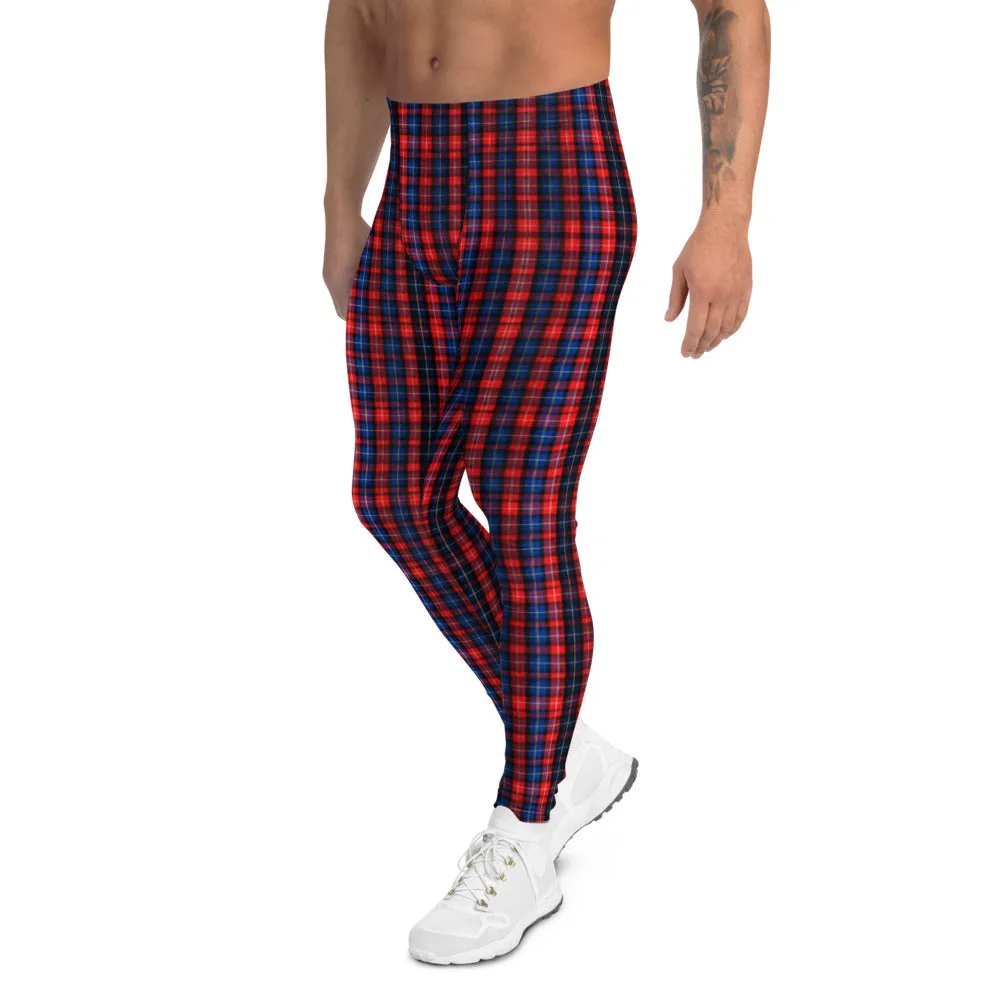 Red Plaid Print Men's Leggings, Red and Blue Designer Scottish Tartan Print Meggings Tights-Made in USA/EU/MX