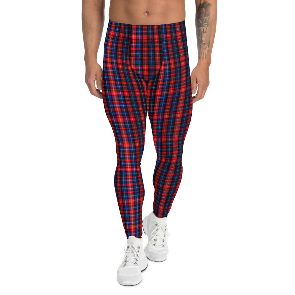 Red Plaid Print Men's Leggings, Red and Blue Designer Scottish Tartan Print Meggings Tights-Made in USA/EU/MX