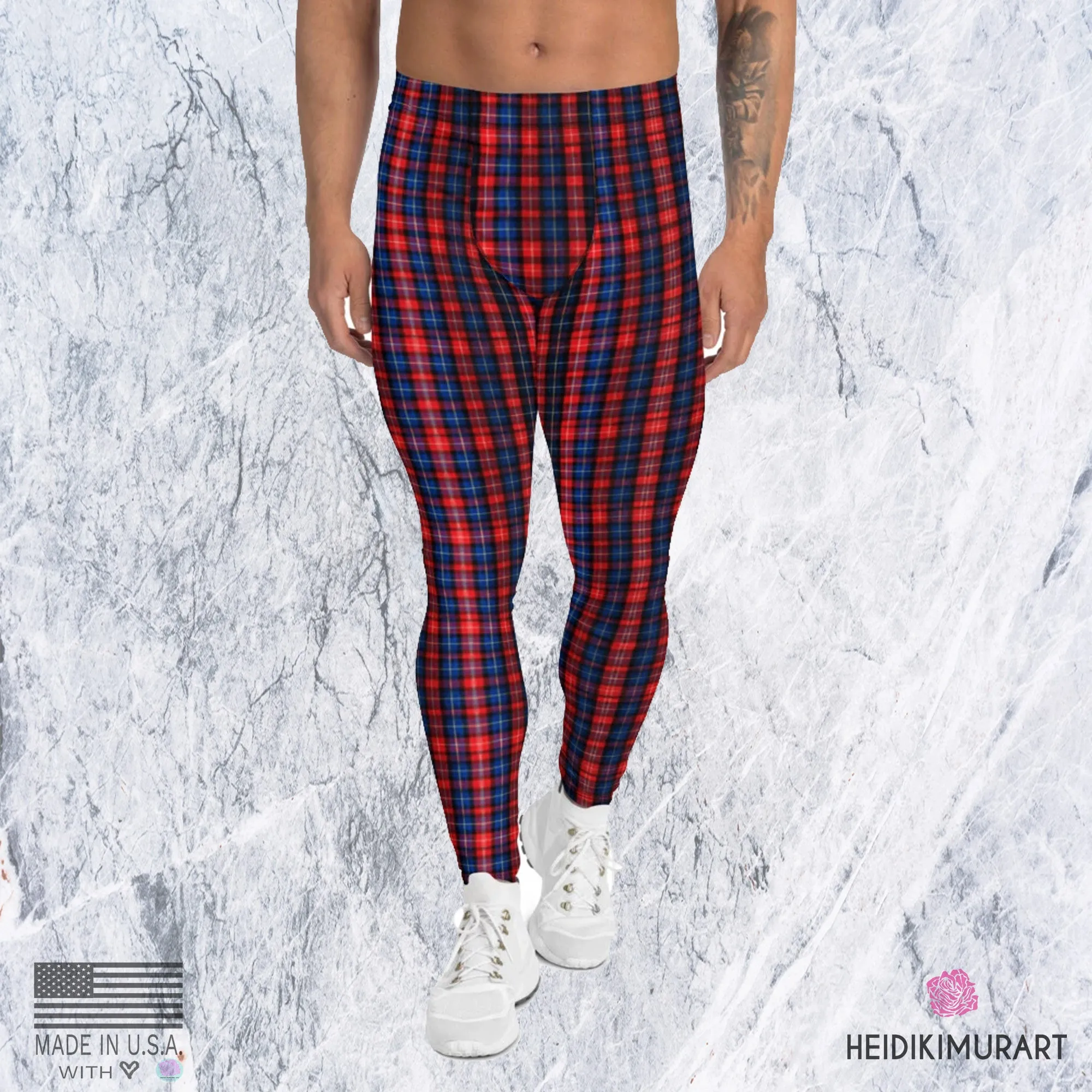 Red Plaid Print Men's Leggings, Red and Blue Designer Scottish Tartan Print Meggings Tights-Made in USA/EU/MX