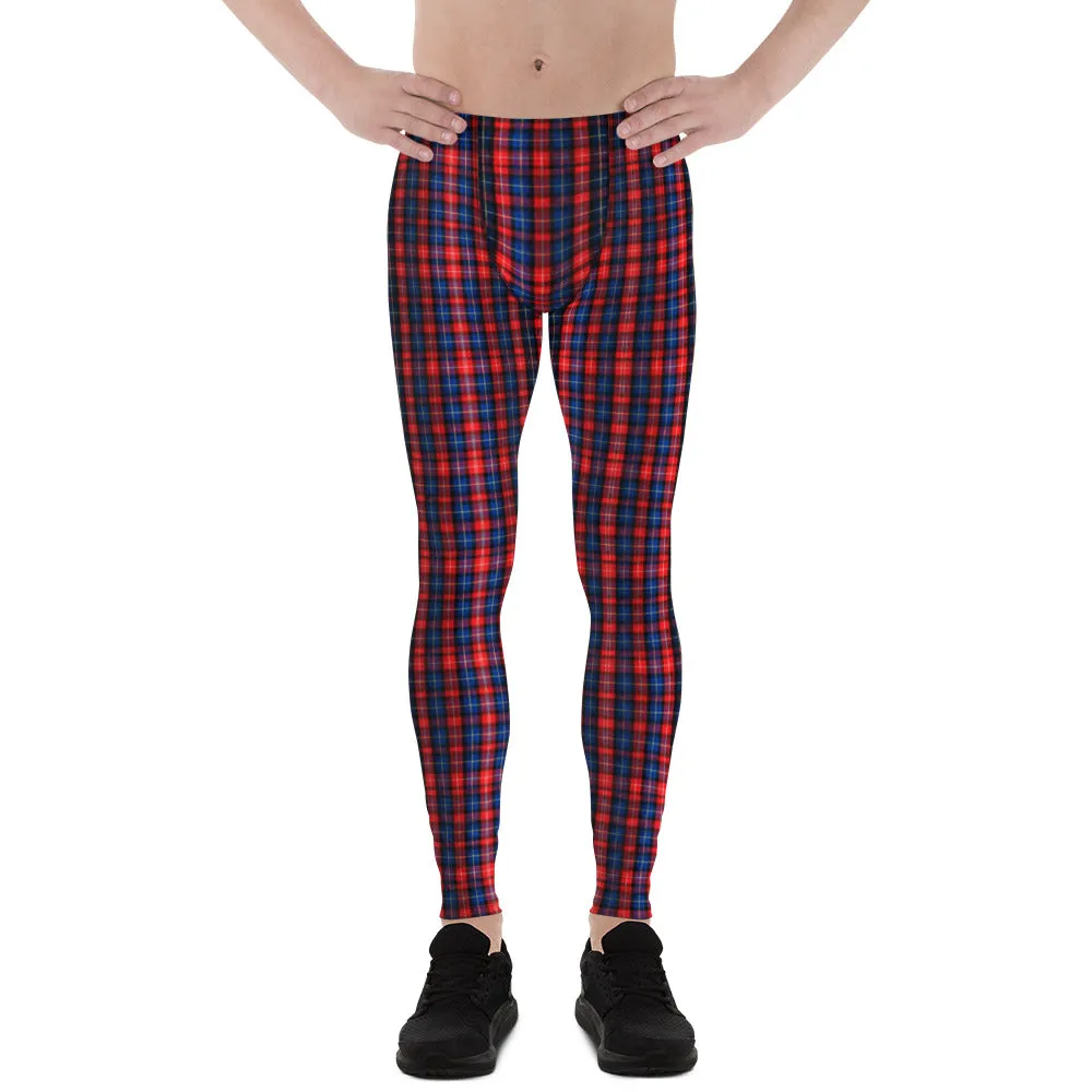 Red Plaid Print Men's Leggings, Red and Blue Designer Scottish Tartan Print Meggings Tights-Made in USA/EU/MX