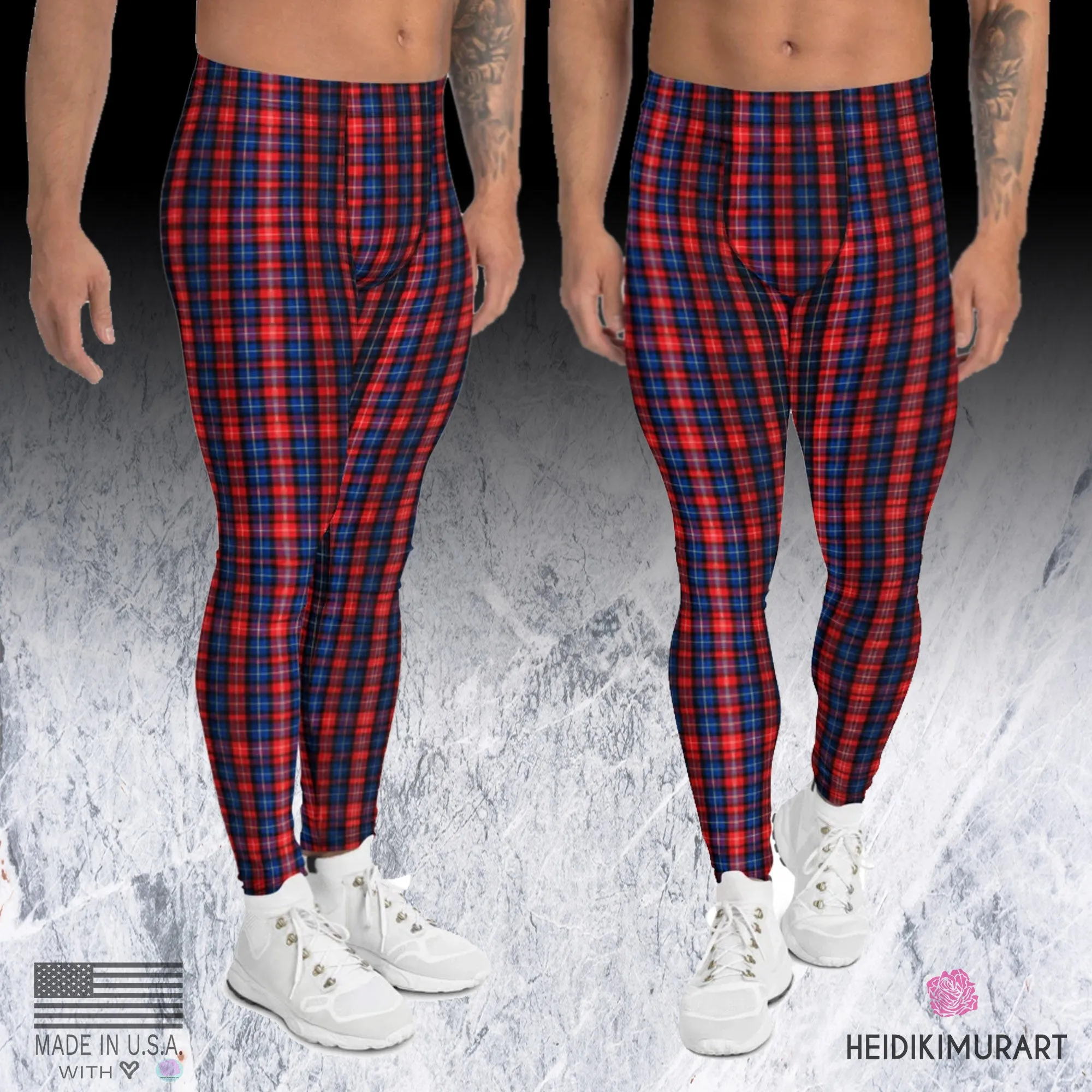 Red Plaid Print Men's Leggings, Red and Blue Designer Scottish Tartan Print Meggings Tights-Made in USA/EU/MX