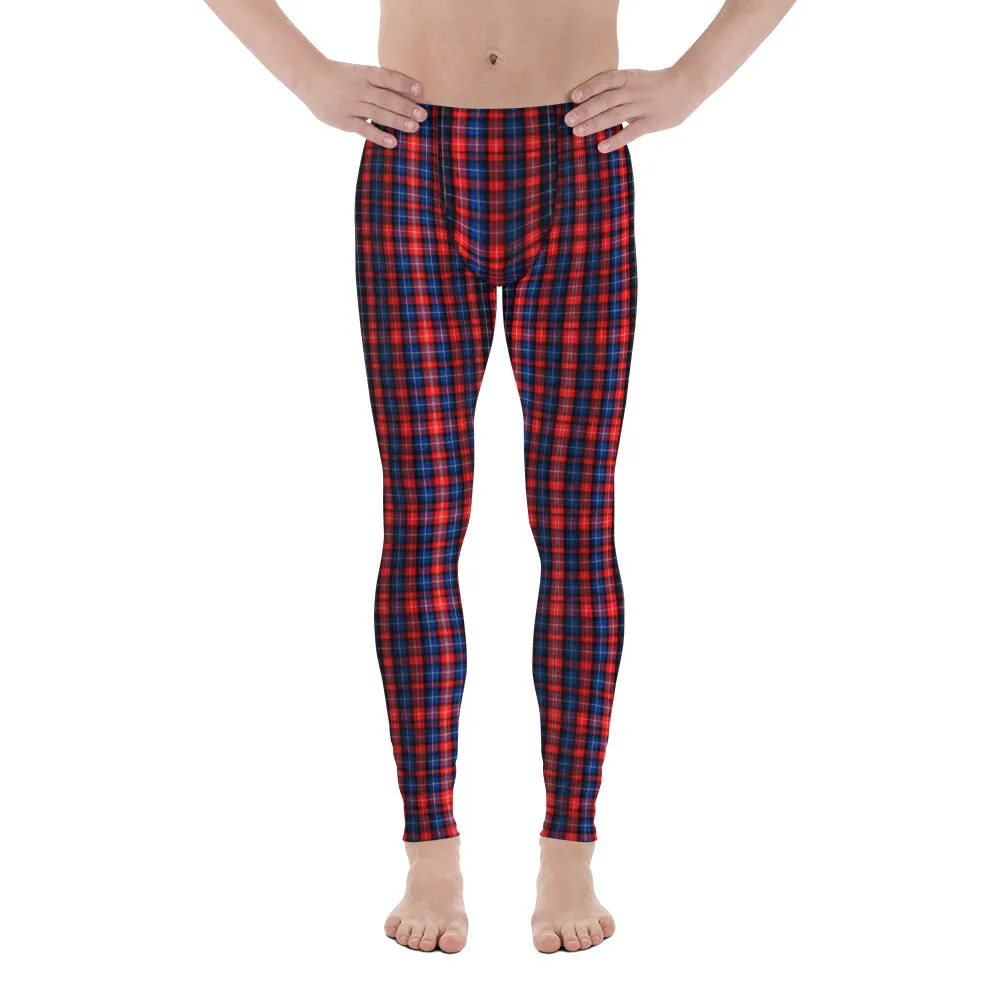 Red Plaid Print Men's Leggings, Red and Blue Designer Scottish Tartan Print Meggings Tights-Made in USA/EU/MX