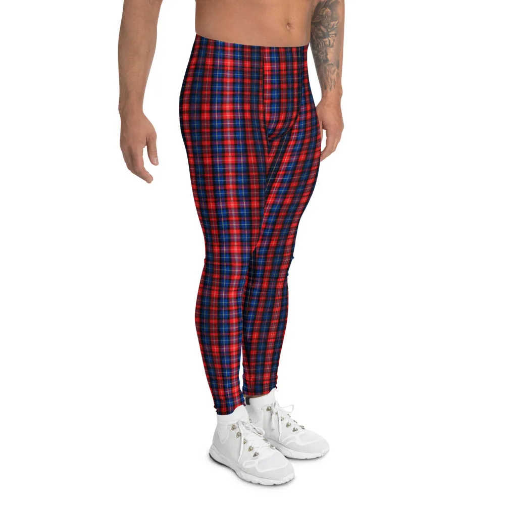 Red Plaid Print Men's Leggings, Red and Blue Designer Scottish Tartan Print Meggings Tights-Made in USA/EU/MX