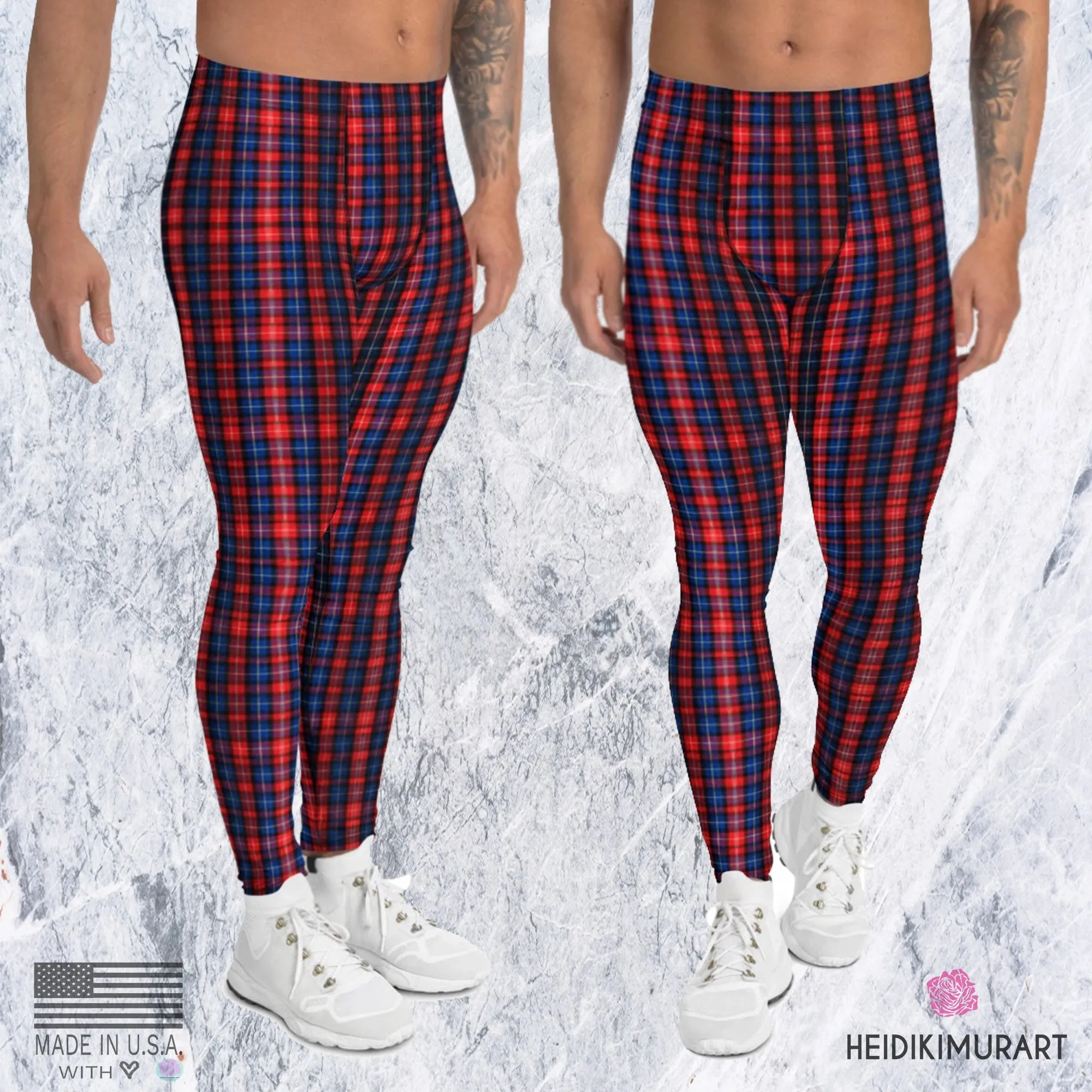 Red Plaid Print Men's Leggings, Red and Blue Designer Scottish Tartan Print Meggings Tights-Made in USA/EU/MX