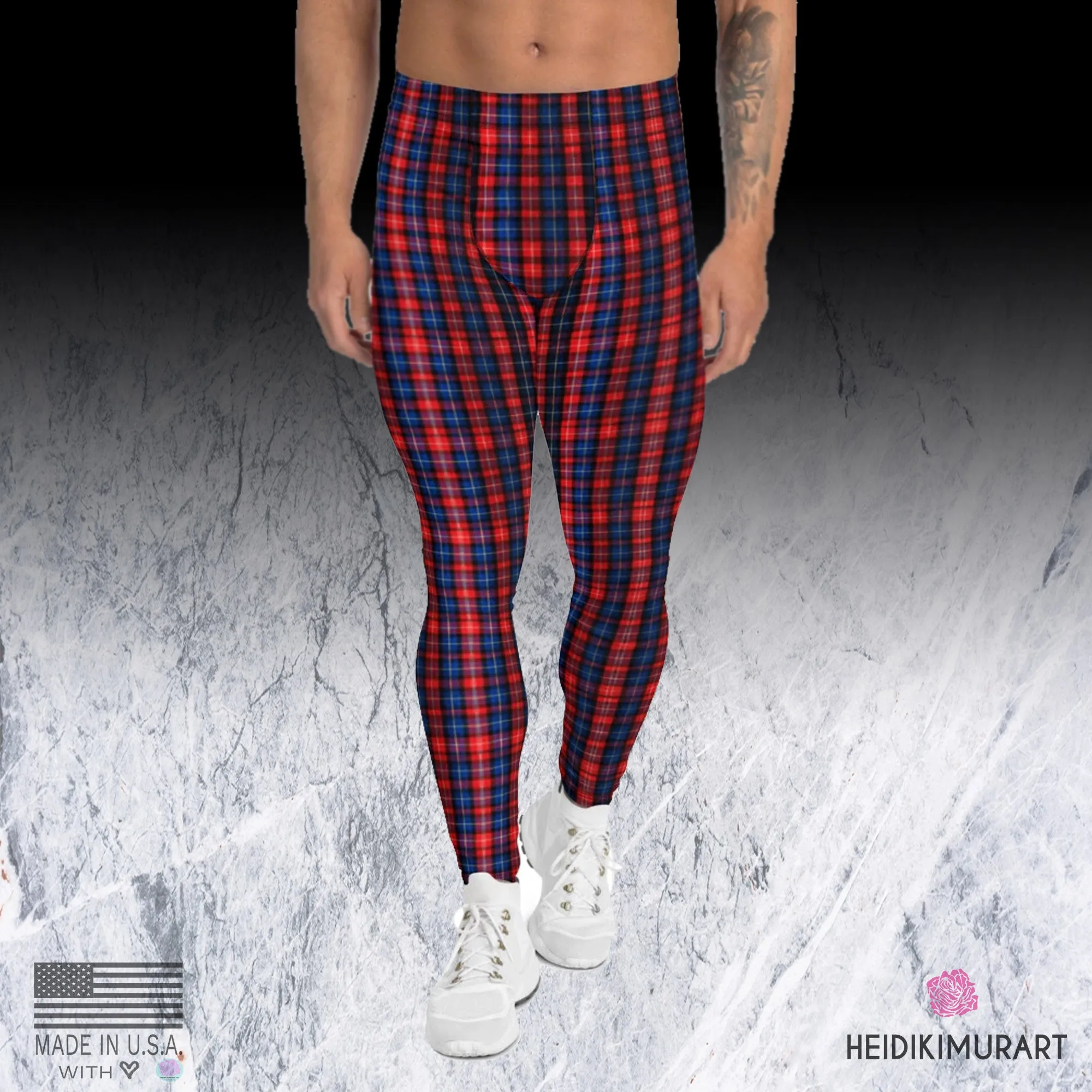 Red Plaid Print Men's Leggings, Red and Blue Designer Scottish Tartan Print Meggings Tights-Made in USA/EU/MX