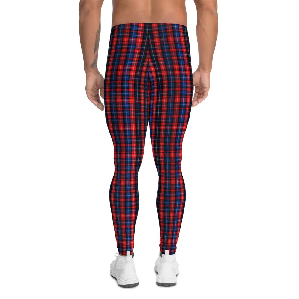 Red Plaid Print Men's Leggings, Red and Blue Designer Scottish Tartan Print Meggings Tights-Made in USA/EU/MX