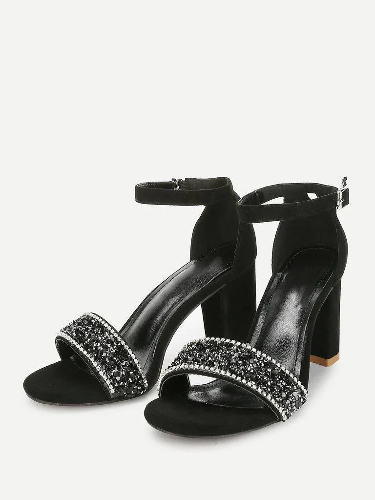 Rhinestone Decorated Block Heeled Sandals