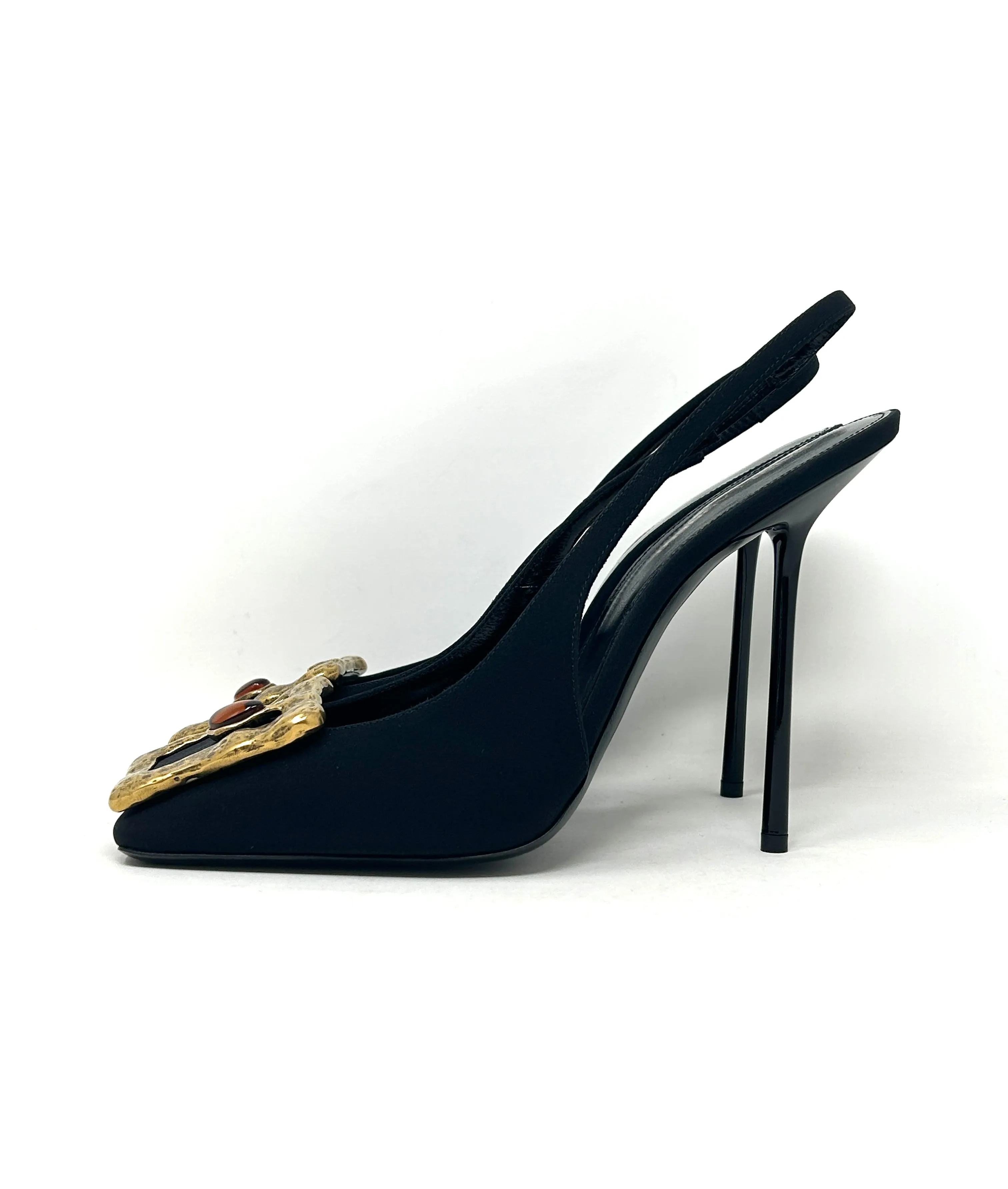 Saint Laurent Maxine 115 Black Fabric Gold Ornament Slingback Pump Heels 41 UK 8