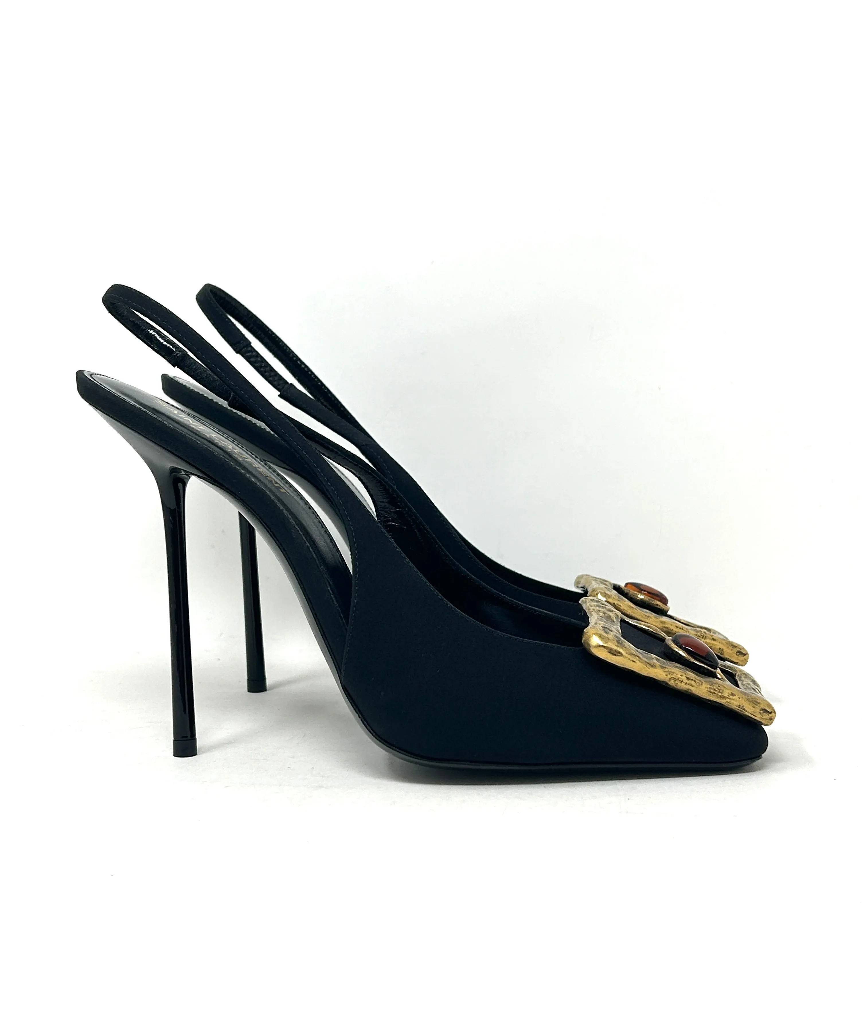 Saint Laurent Maxine 115 Black Fabric Gold Ornament Slingback Pump Heels 41 UK 8