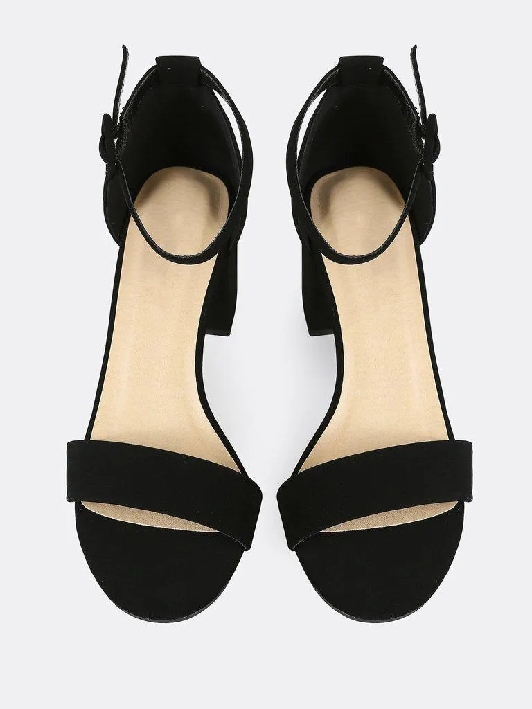 Single Band Ankle Strap Chunky Low Heels BLACK