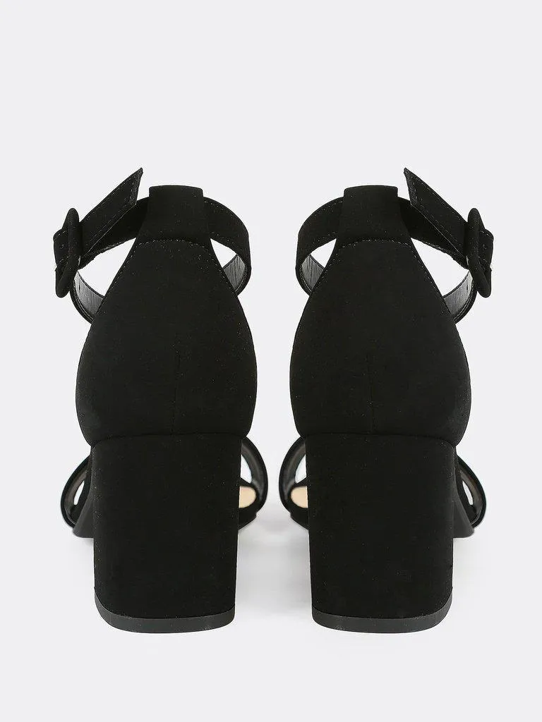 Single Band Ankle Strap Chunky Low Heels BLACK