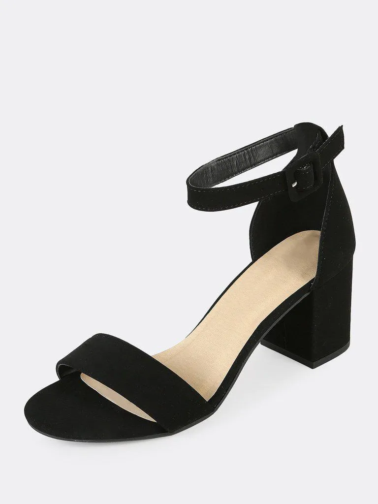 Single Band Ankle Strap Chunky Low Heels BLACK