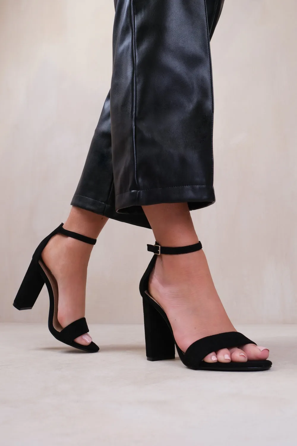 SKYE STRAPPY BLOCK HEELS WITH BUCKLE IN BLACK SUEDE