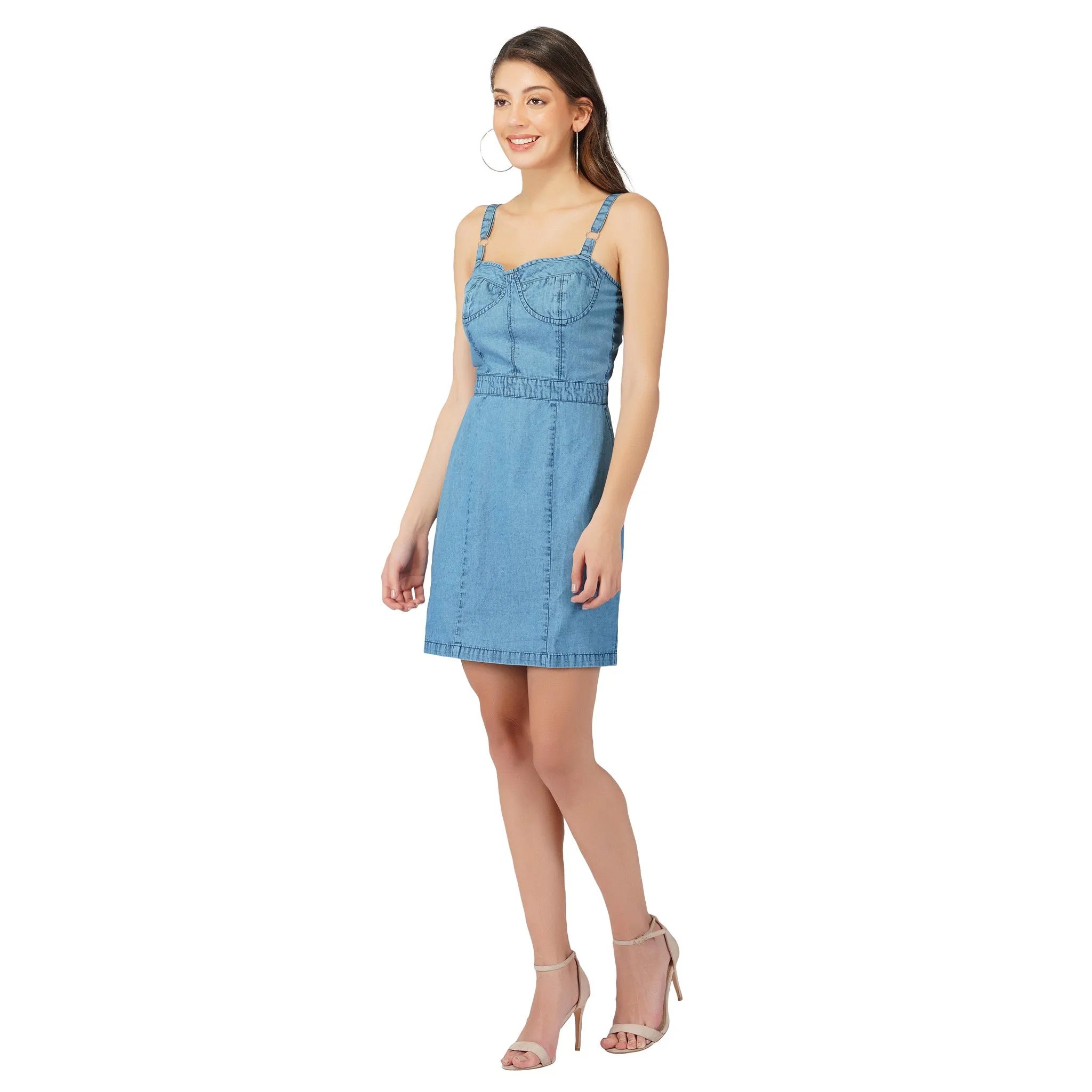 SLAY. Women's Enzyme Wash Boudoir Detail Denim Dress