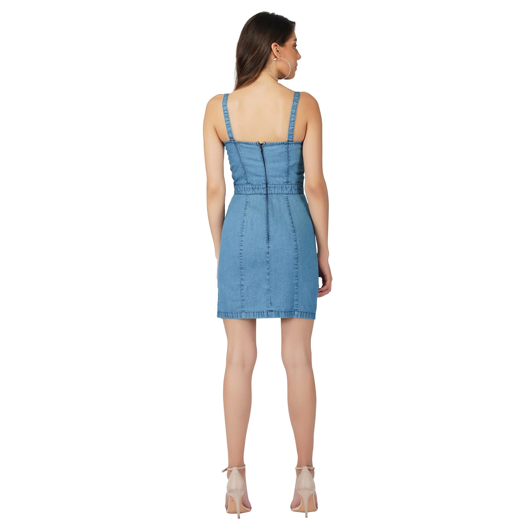 SLAY. Women's Enzyme Wash Boudoir Detail Denim Dress