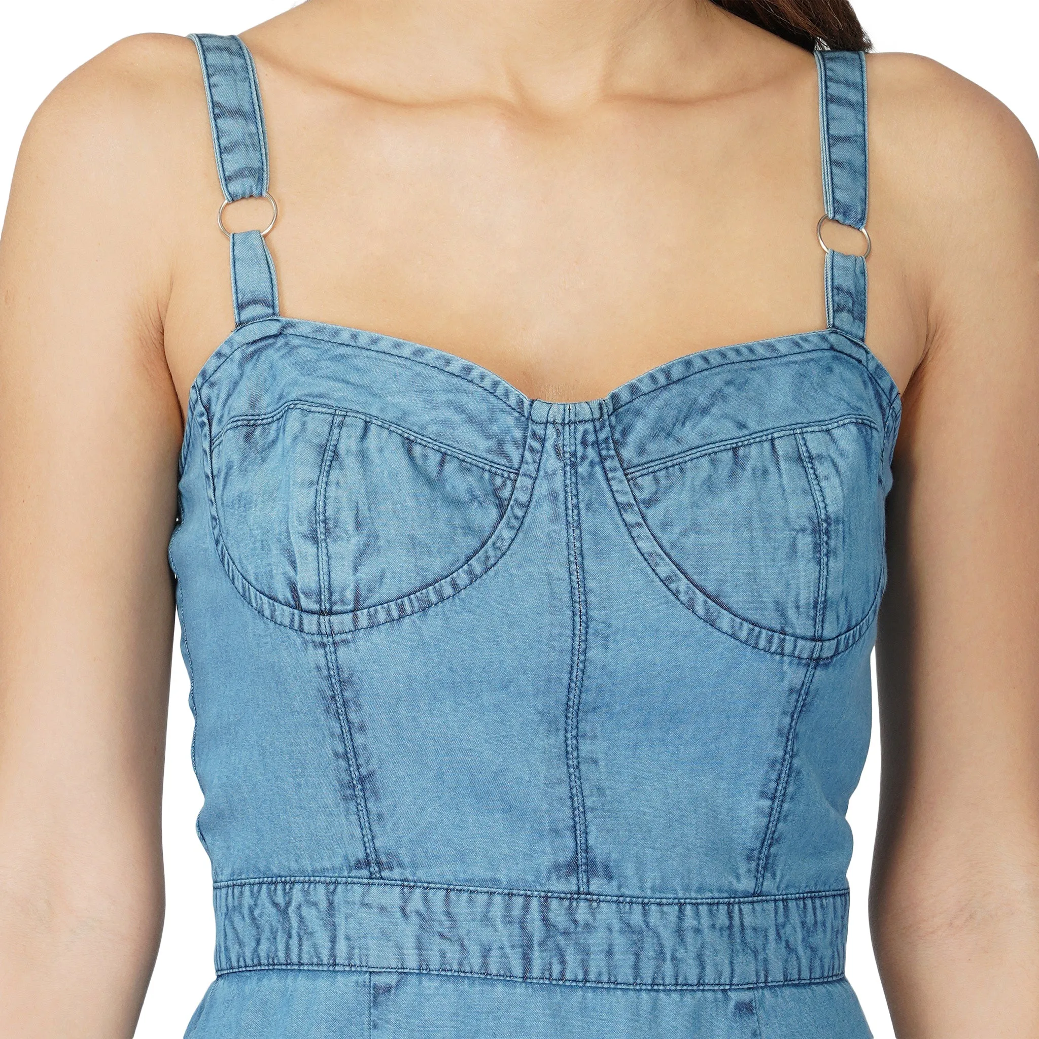 SLAY. Women's Enzyme Wash Boudoir Detail Denim Dress