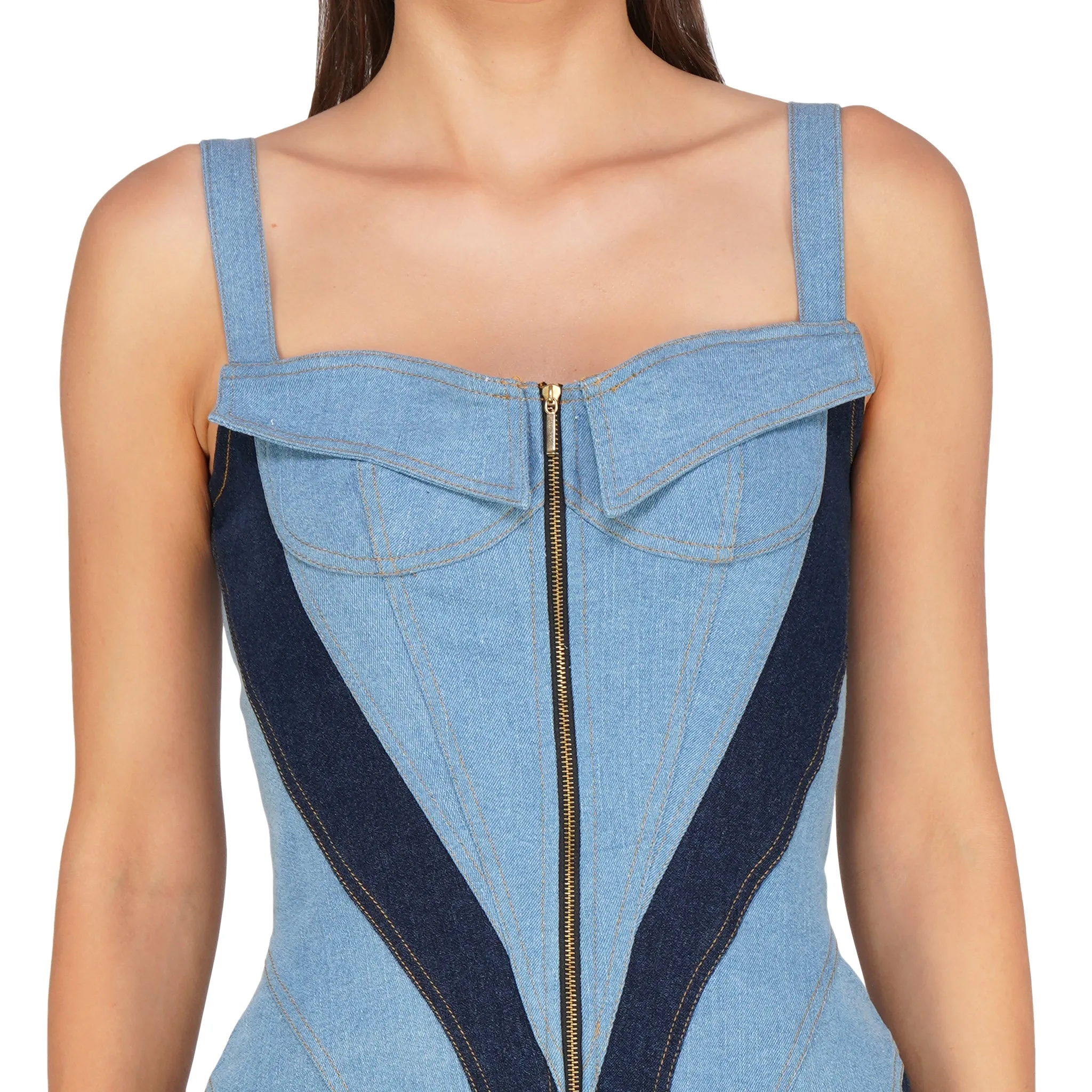 SLAY. Women's Paneled Enzyme Wash Denim Mini Dress (Stretch Fabric)