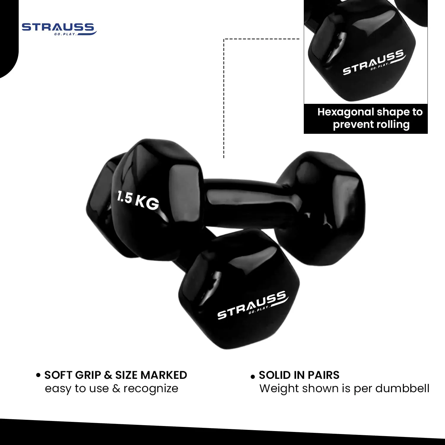 Strauss Premium Vinyl Dumbbells Weight for Men & Women | 1.5 Kg (Each) | 3 Kg (Pair) | Ideal for Home Workout, Yoga, Pilates, Gym Exercises | Non-Slip, Easy to Hold, Scratch Resistant (Black)