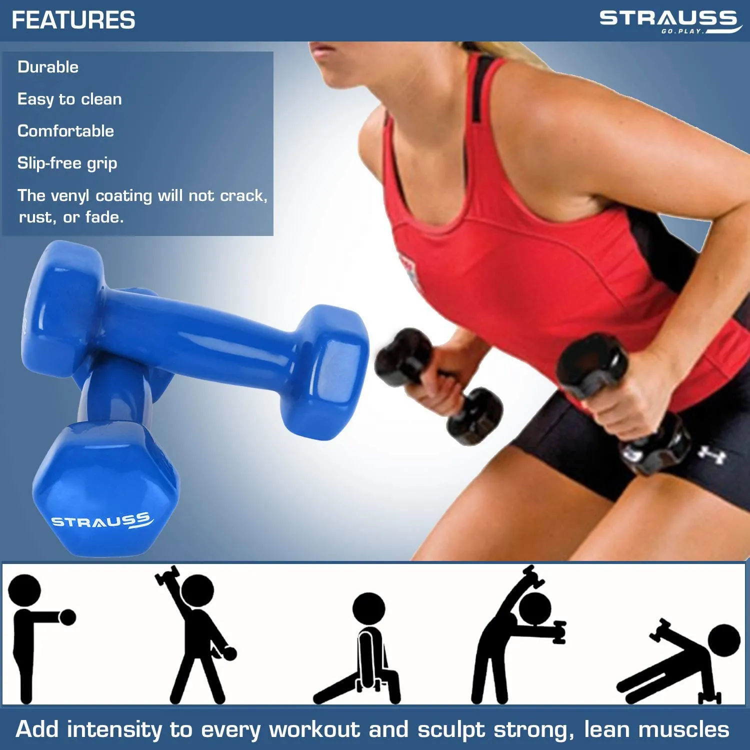 Strauss Premium Vinyl Dumbbells Weight for Men & Women | 2.5 Kg (Each) | 5 Kg (Pair) | Ideal for Home Workout, Yoga, Pilates, Gym Exercises | Non-Slip, Easy to Hold, Scratch Resistant (Blue)