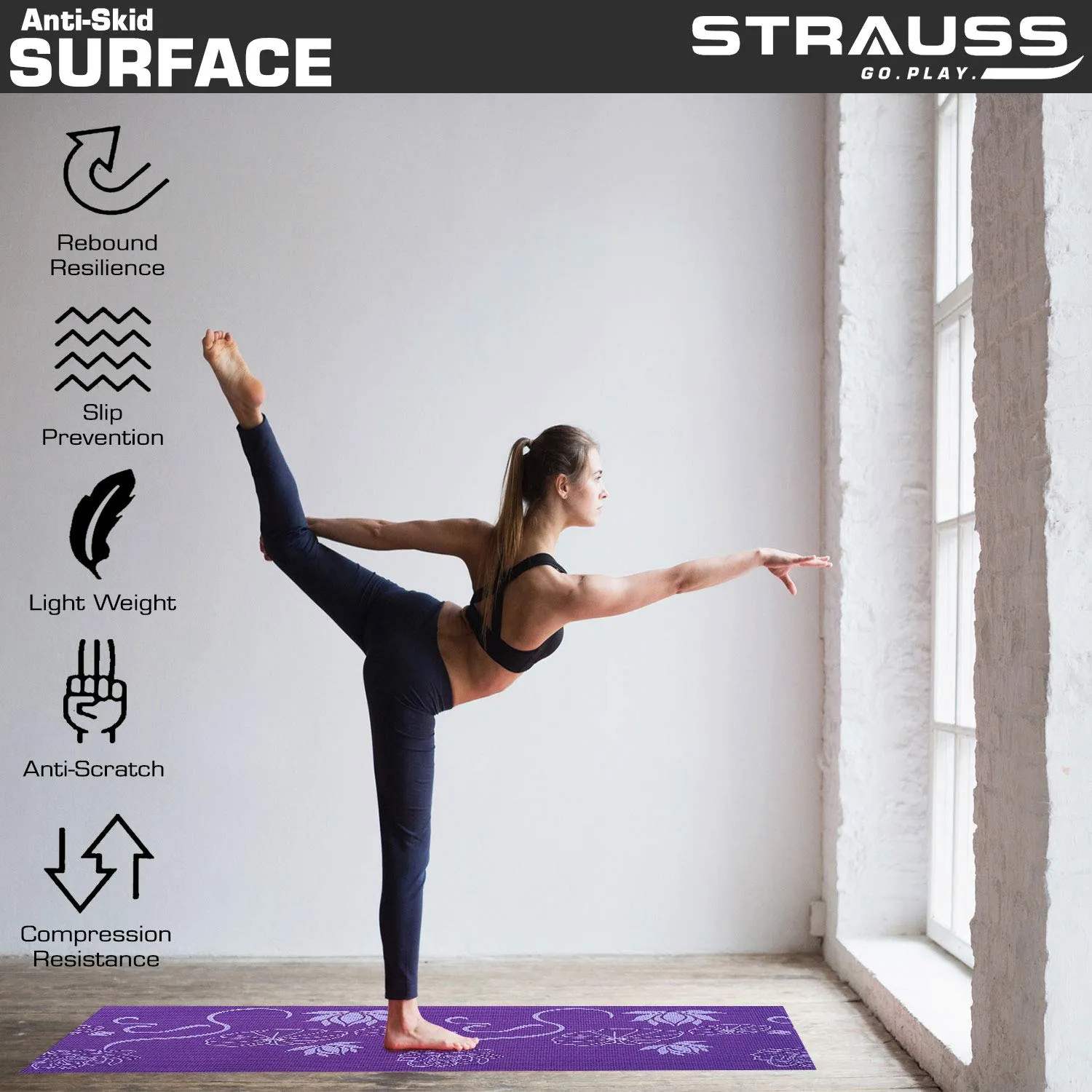 Strauss Yoga Mat 6MM (Floral Orange) and Yoga Mat Strap, (Purple)