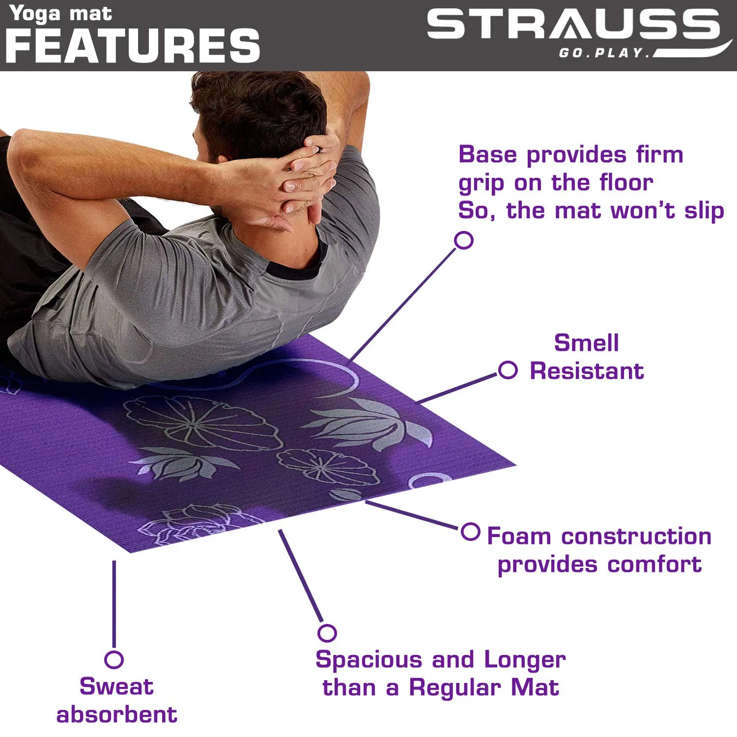 Strauss Yoga Mat, 6mm (Purple Floral) and Anti-Slip Yoga Towel (Purple)