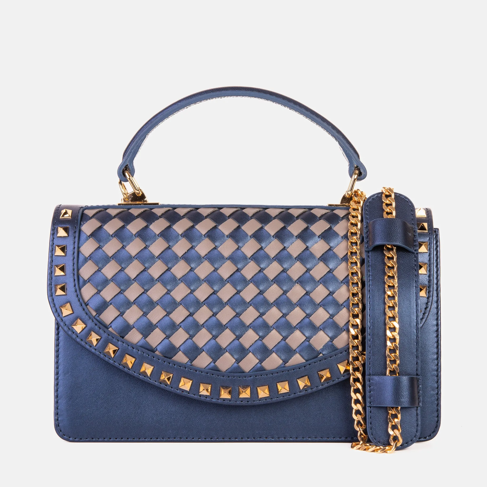 The Dosso Navy Blue and Beige Handwoven Leather Handbag