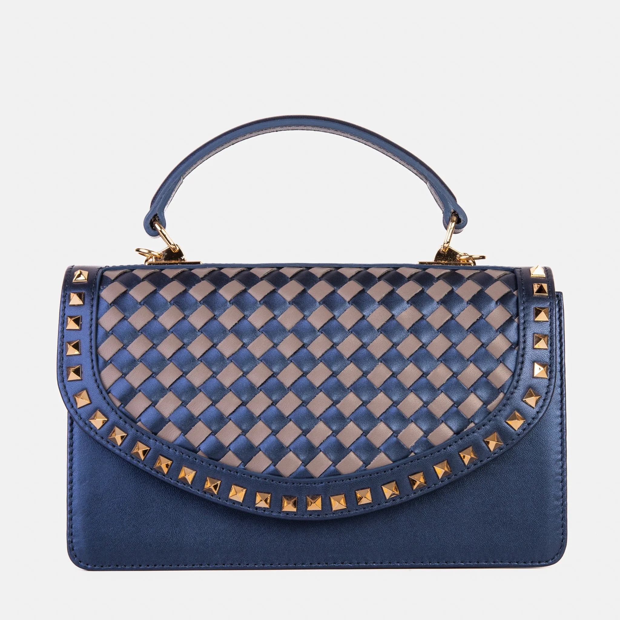 The Dosso Navy Blue and Beige Handwoven Leather Handbag