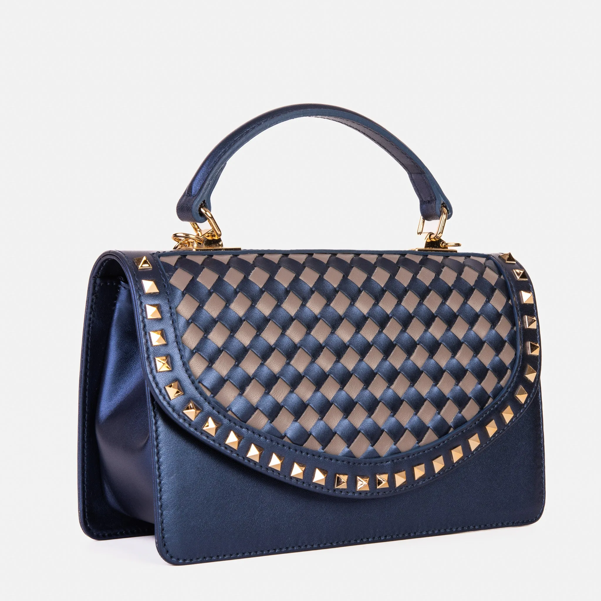 The Dosso Navy Blue and Beige Handwoven Leather Handbag