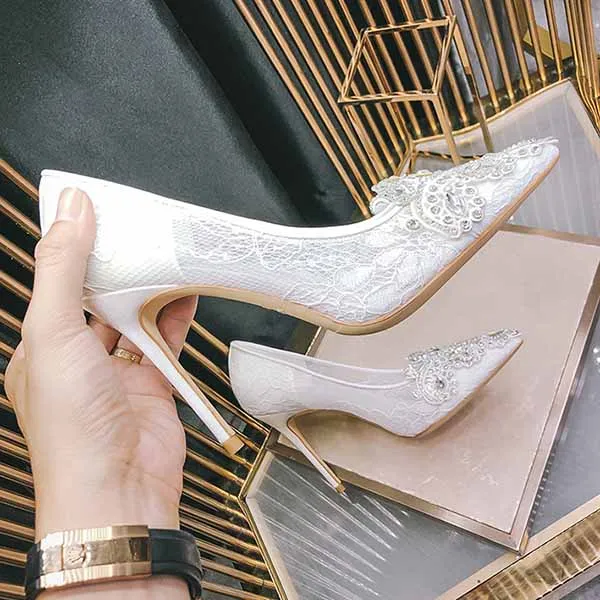 Women Pointed Toe Stiletto Pumps White Rhinestone Bridal Wedding Shoes