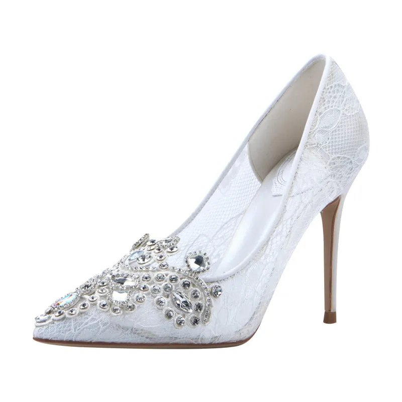 Women Pointed Toe Stiletto Pumps White Rhinestone Bridal Wedding Shoes