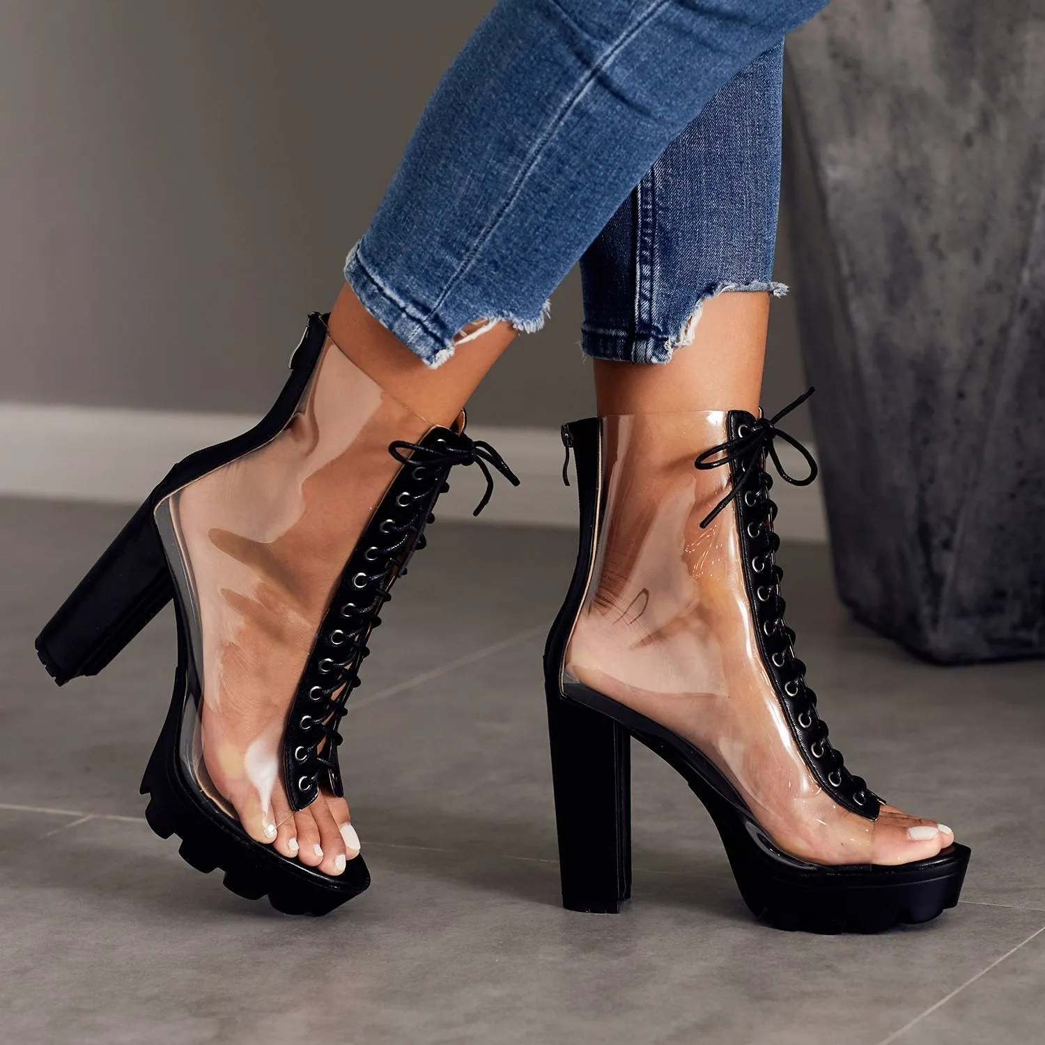 Womens Summer Clear Peep Toe Lace up High Heels Platform Sandals