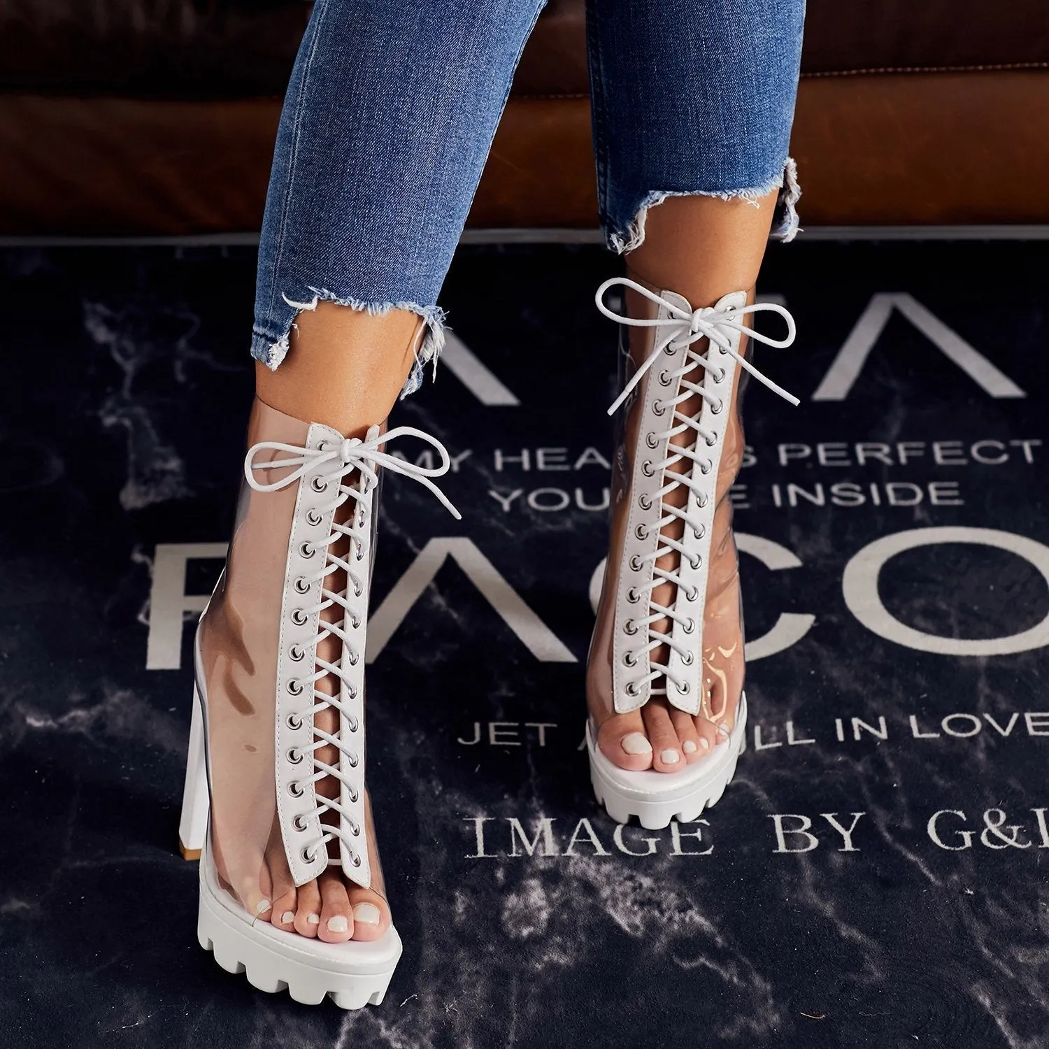 Womens Summer Clear Peep Toe Lace up High Heels Platform Sandals