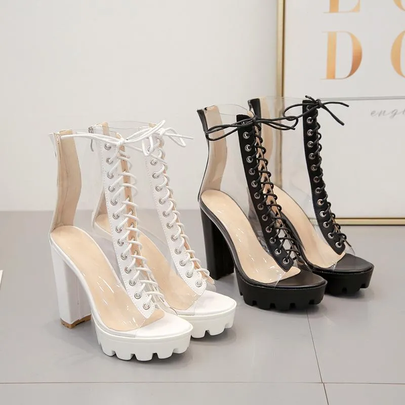 Womens Summer Clear Peep Toe Lace up High Heels Platform Sandals