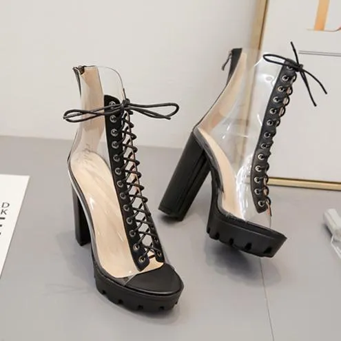 Womens Summer Clear Peep Toe Lace up High Heels Platform Sandals